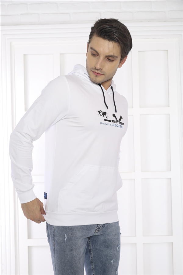 Escetic Spor Erkek Beyaz Cepli, Kapüşonlu Sweatshirt