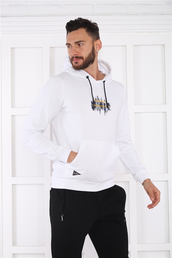 Escetic Spor Erkek Beyaz Cepli, Kapüşonlu Sweatshirt