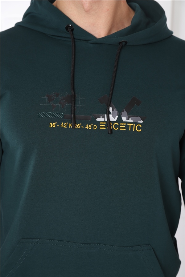 Escetic Spor Erkek Yeşil Cepli, Kapüşonlu Sweatshirt